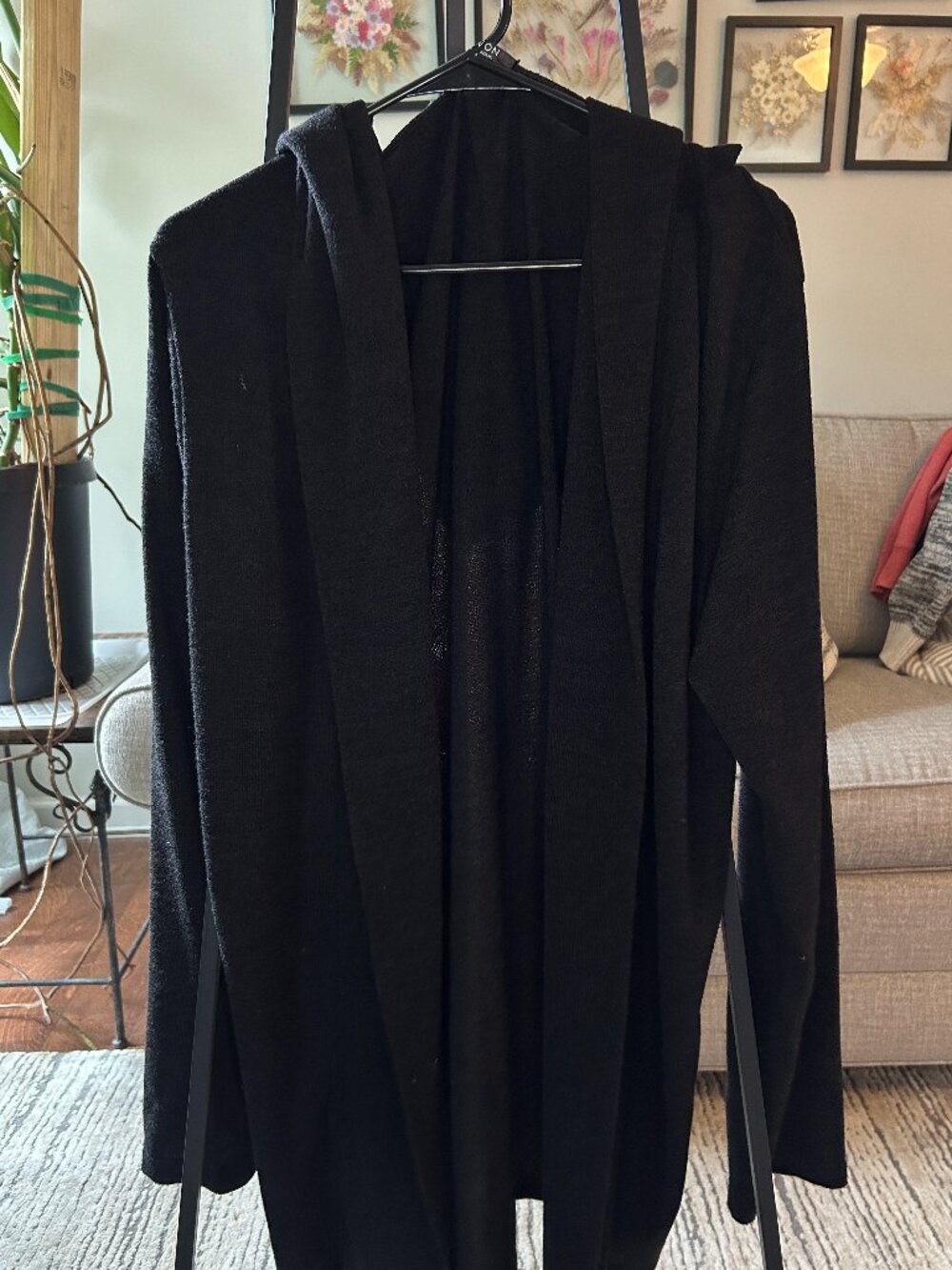 Black Open Front Hooded Duster Cardigan Long Sleeve Layering Piece